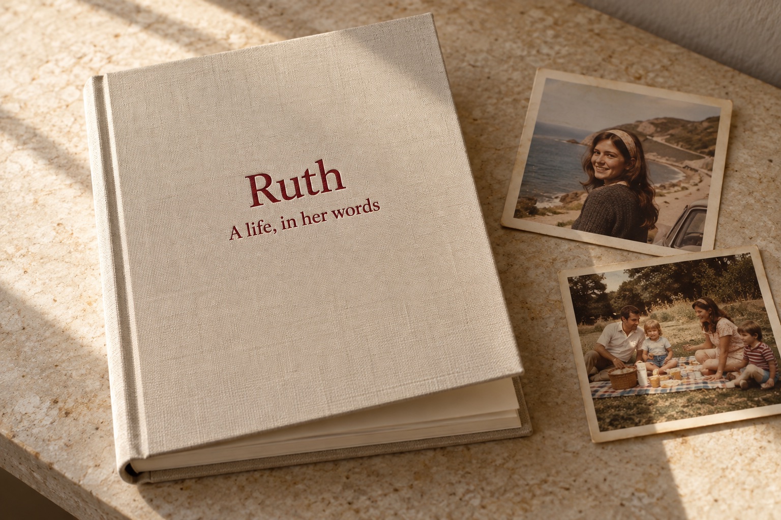 An illustrative linen-bound family memoir titled Ruth, beside vintage family photographs